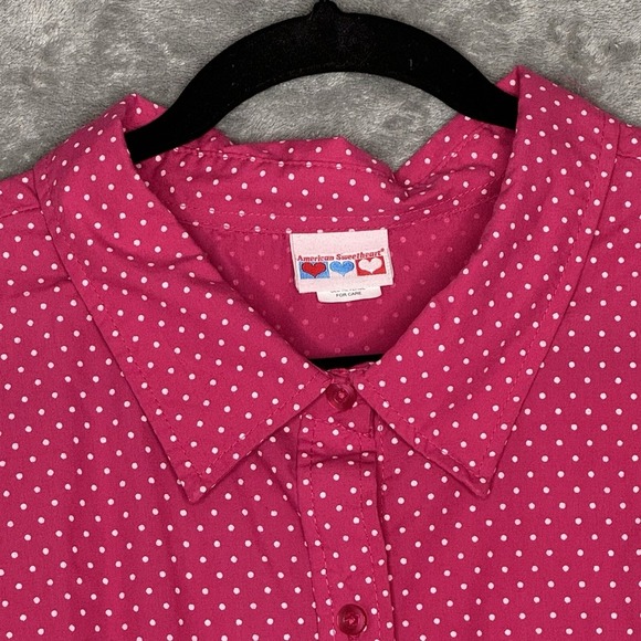 American Sweetheart 4X Top Shirt Pink Polka Dot 3/4 Sleeve Collared Button Up - Picture 2 of 7